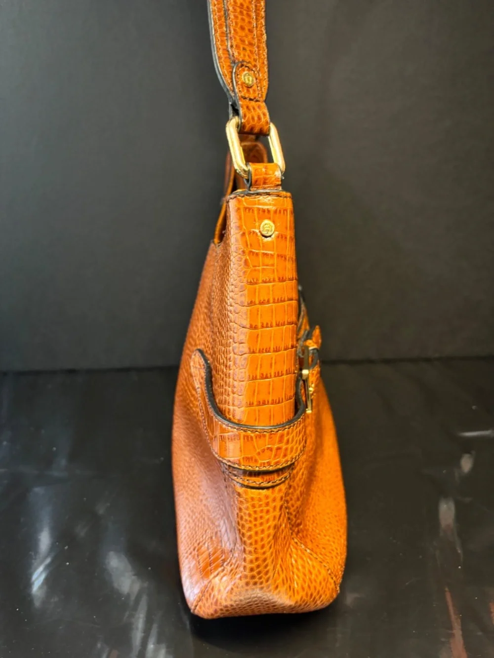 Etienne Aigner Brown Embossed Leather Shoulder Bag Croc Texture Classic Hobo